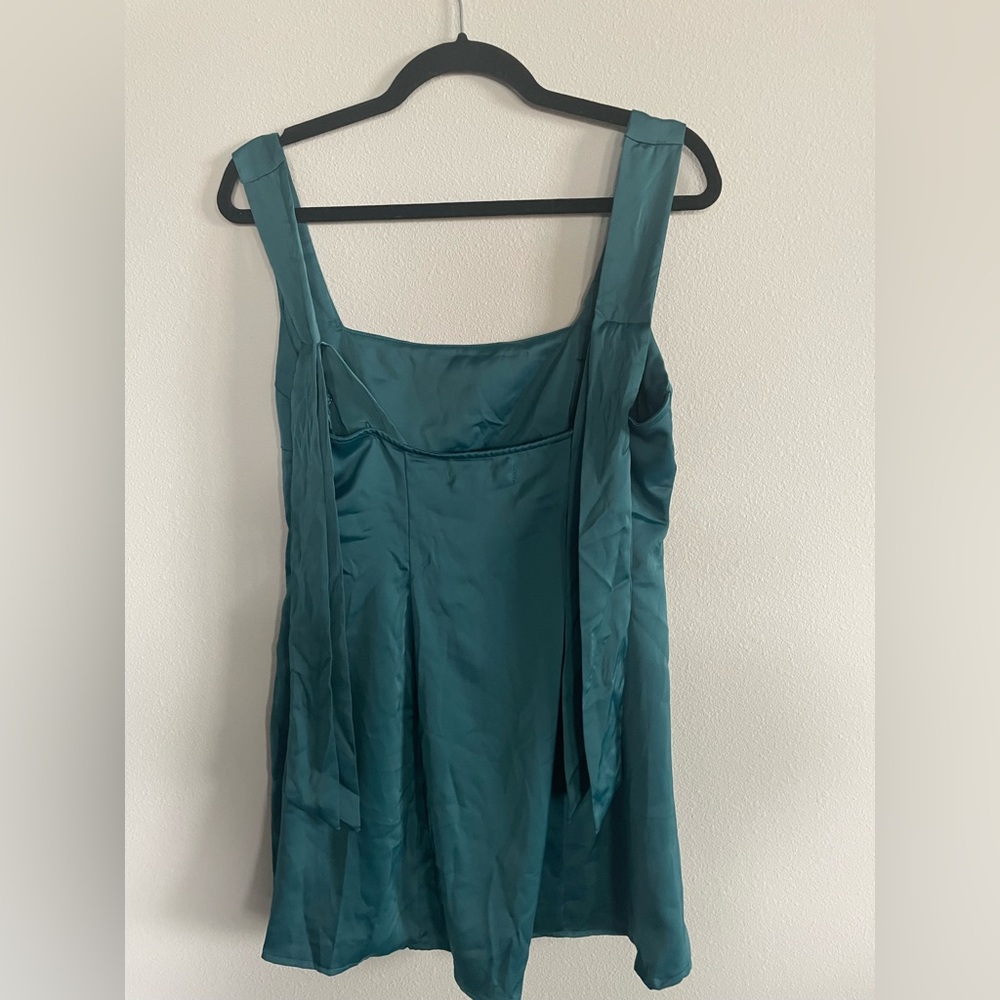 NWT Urban Outfitters Bri Double Bow Satin Mini Dress Teal Medium - Picture 4 of 9